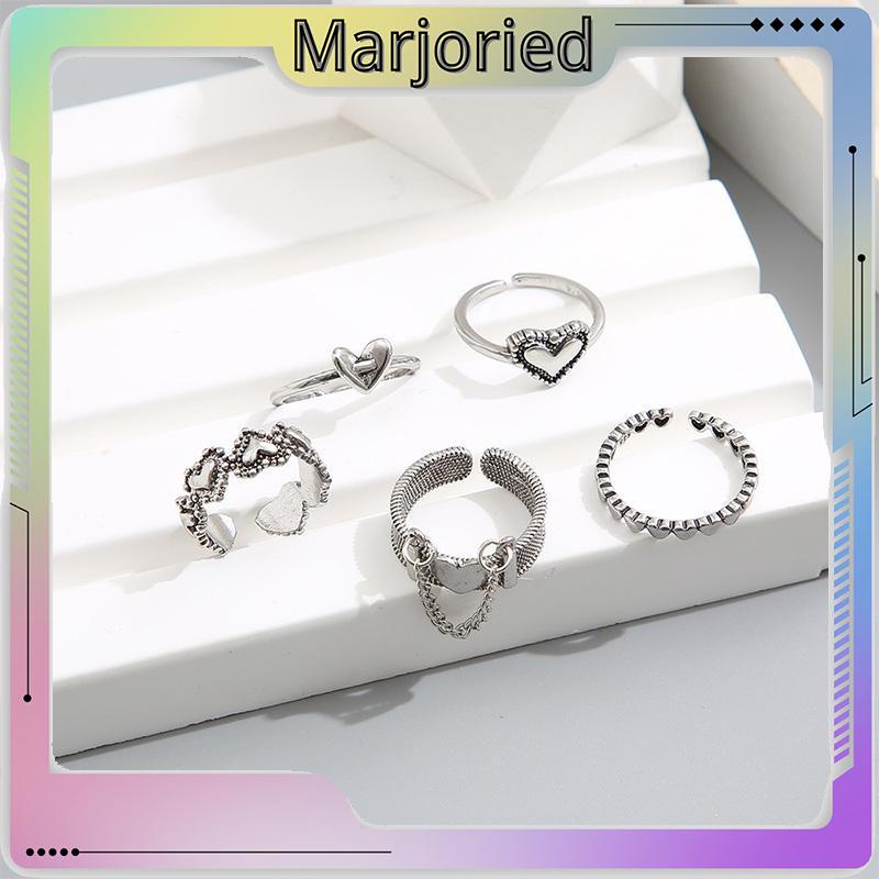 5pcs / Set Cincin Jari Telunjuk Model Terbuka Desain Hati Hollow Gaya Retro-MJD