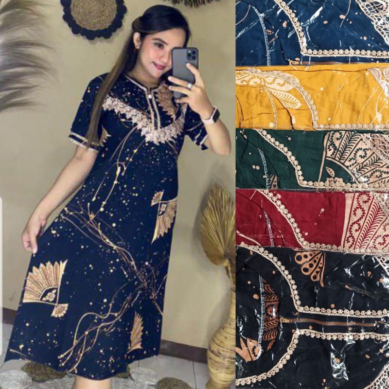 Daster Arab Kekinian Motif Kipas | Resleting Depan Busui Friendly