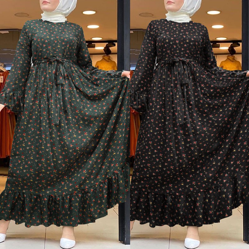 ZANZEA Women Casual Long Sleeve Floral Printing Muslim Long Dress