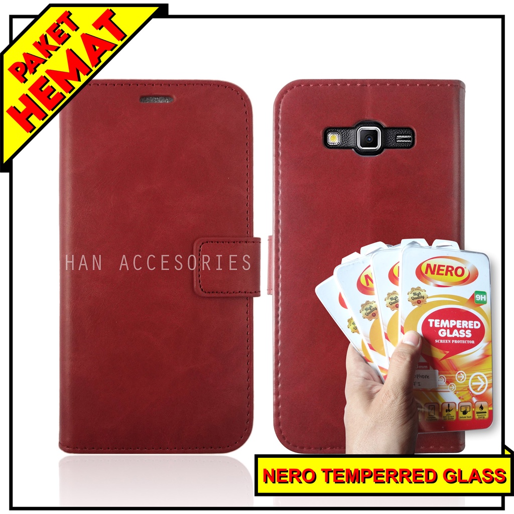 (PAKET HEMAT) Fashion Selular Flip Leather Case Samsung Galaxy J2 PRIME/GRAND PRIME Flip Cover Wallet Case Flip Case + Nero Temperred Glass