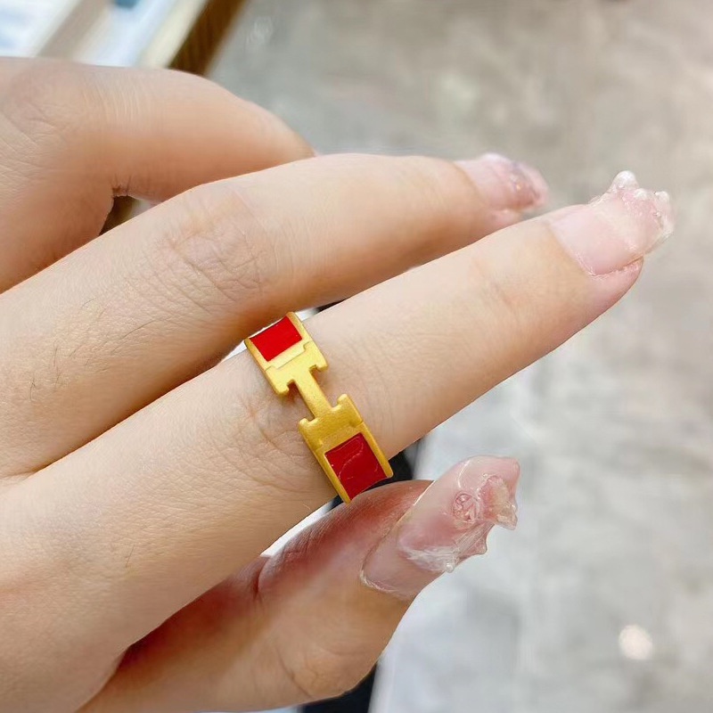 Goldkingdom Perhiasan Fashion Emas Asli Kadar 375 Bangkok Aksesoris Ready Stock Berlapis 3D-cincin Emas Dengan Enamel Merah Warna Drop Perekat Huruf H Cincin Yang Dapat Disesuaikan