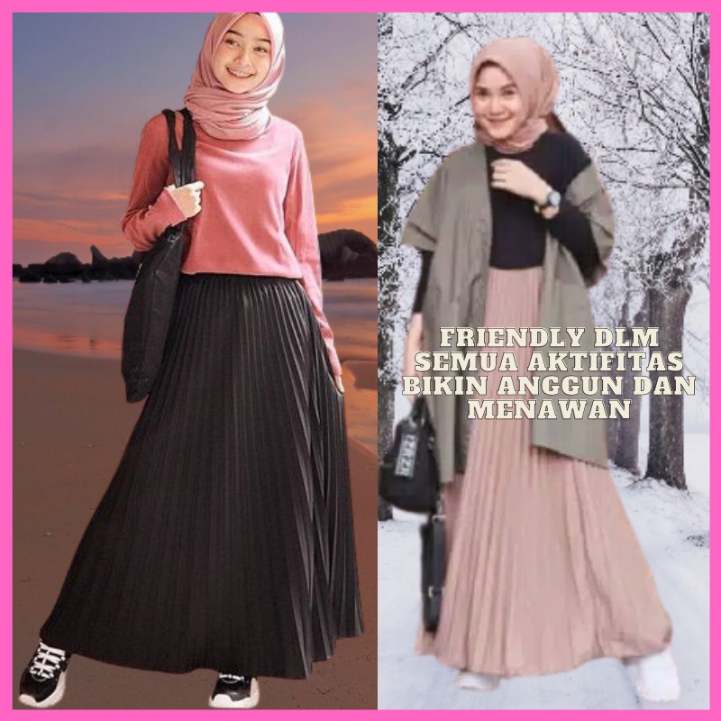 Ootd Rok Plisket Panjang Premium Payung Jumbo warna Hitam  Putih Hijau botol Army mocca marun Navy