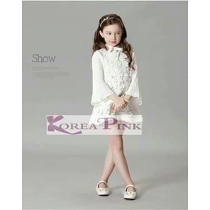 Dress Full Brokat Putih Polos Anak Perempuan Impor Lengan Panjang ukuran 1-5tahun KOREA PINK