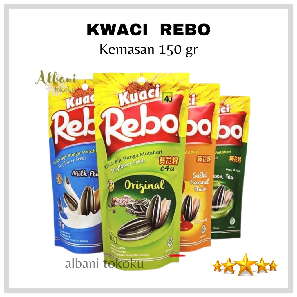 

Kwaci Rebo Kemasan 150 gr all variant - Kuaci Rebo - Rasa Susu , Caramel , Green Tea - HARGA TERMURAH