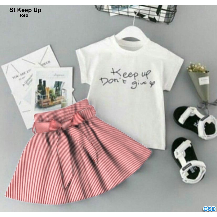 St Keep Up/Setelan Rok Anak/Pakaian OOTD Anak Perempuan Kaos Dan Rok Salur Best Seller