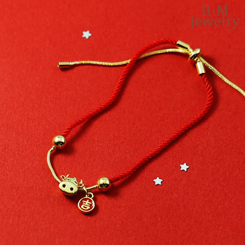 Gelang Tangan Tali Merah Woven Aksen Kepala Banteng Lucu Untuk Wanita