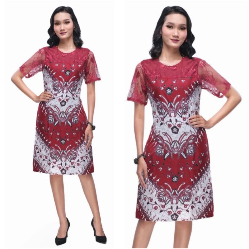 Dress Batik Modern Jumbo 4L-5L Kombinasi Brokat Tunik Big Size Terusan Batik Seragam Kantor Wanita NGT-Mrh