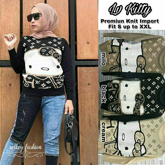 Elvi Kitty atasan sweater rajut knit motif LV Hello kitty top