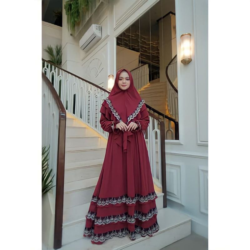 Baju Gamis Shiraz Syari Set +Jilbab Syari Bahan Ceruty Babydoll Full Puring Bordir Gamis Syari Terba