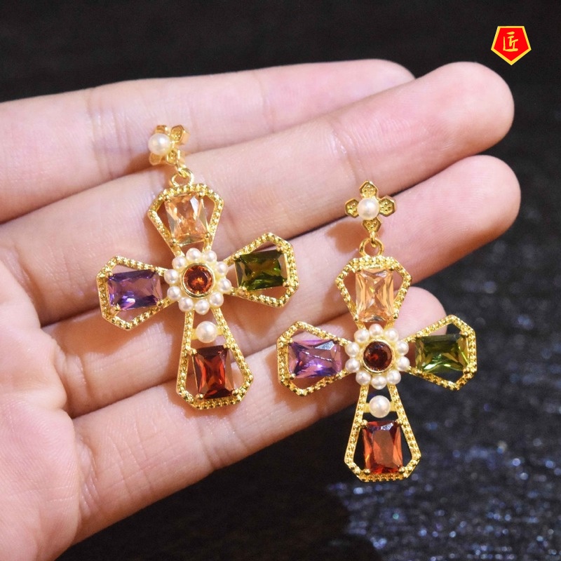 [Ready Stock]Color Gem Cross Gold Stud Earrings Women's Retro Fashion