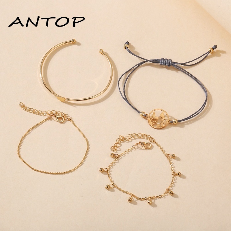 4Pcs Fashion Emas Cinta Pembukaan Vintage Gelang Set Wanita Perhiasan Aksesoris ANTOP