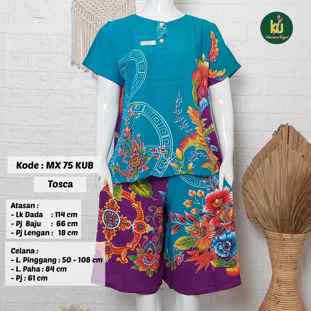 Bisa COD MX75 KUB | Setelan Kulot Celana Pendek Batik Kencana Ungu Asli Label Biru | Baju Santai Piyama Tidur Wanita Kancing Depan Busui Friendly Motif Terbaru-Tosca B