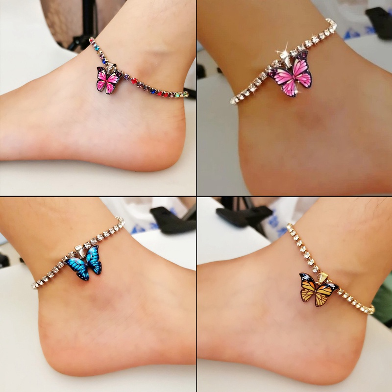 Gelang Kaki Rantai Wanita Dengan Liontin Kupu-Kupu Hias Kristal Untuk Pesta / Pantai / Musim Panas