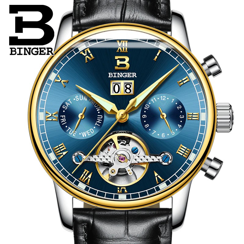 Jam tangan mekanik pria keren Switzerland BINGER men's watch luxury brand Tourbillon fulll