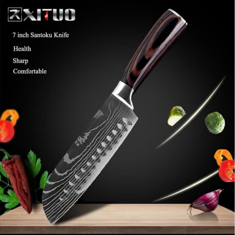 XITUO Pisau Dapur Chef Damascus Pattern - 7 Inch  santoku Knife - silver