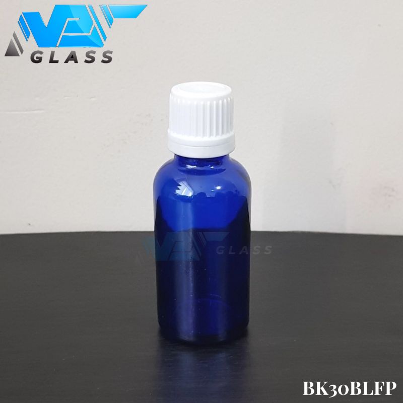 botol kaca 30ml tebal biru tutup filler putih