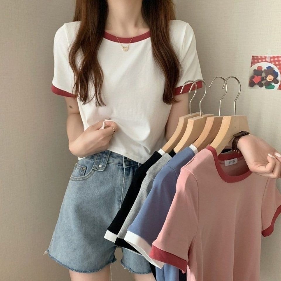 Women Round Neck Short Sleeve Contrast Colour T-Shirt Atasan Kaos Wanita Lengan Pendek 2670 (M/L/XL)