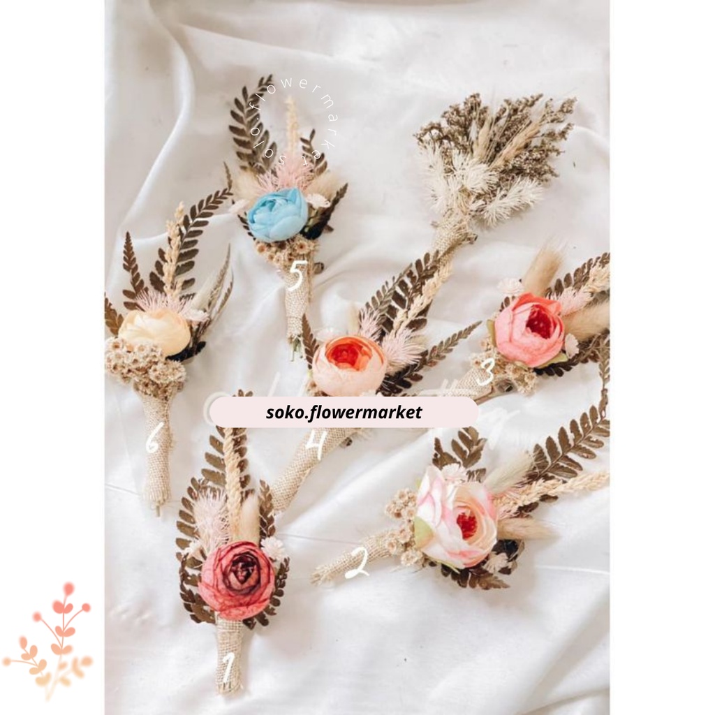 Boutonniere rustic/corsage/bross bunga kering wedding for groomsmen family variasi TERMURAH