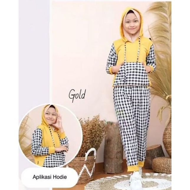 SET BAJU ANAK PEREMPUAN USIA 9 10 11 TAHUN SET KID HOODIE KOTAK  BAJU OLAHRAGA ANAK KATUN MOTIF CELA