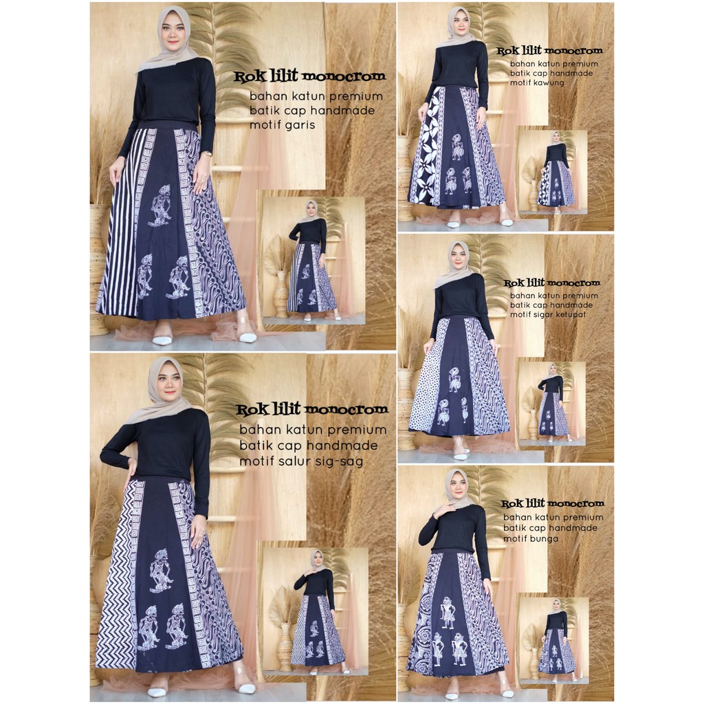 Rok Lilit Monocrom Cap Batik Monochrome Seling Handmade Bawahan Maxi Klok Seragam Muslim Pesta