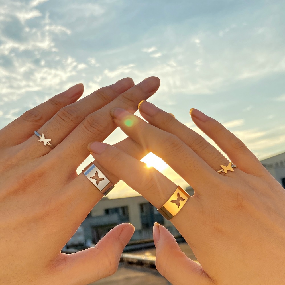 YEEZII 12Pcs/Set Korean Hollow Butterfly Couple Ring Set Fashion Colorful Star Moon Gold Rings Letters Finger Ring for Women Accessories Jewelry Gift