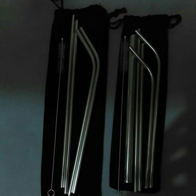 Paket Sedotan Stainless Steel Straw Dan Sikat Sedotan Free Pouch Hitam