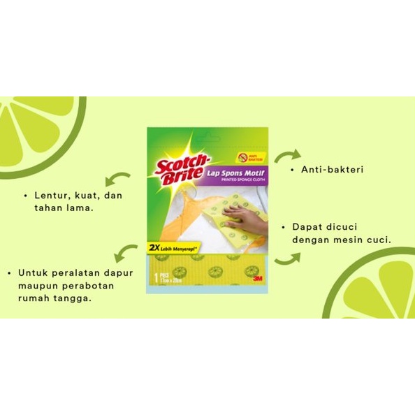 Scotch Brite Lap Spons Sponge Cloth 2X Lebih Menyerap Anti Bakteri Motif Lemon Kuning Scotchbrite