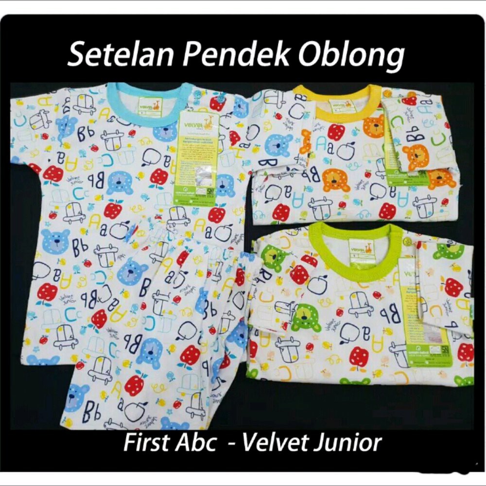 SETELAN BAJU ANAK TANGAN PENDEK KANCING PUNDAK CELANA PENDEK VELVET JUNIOR MY FIRST ABC Size L