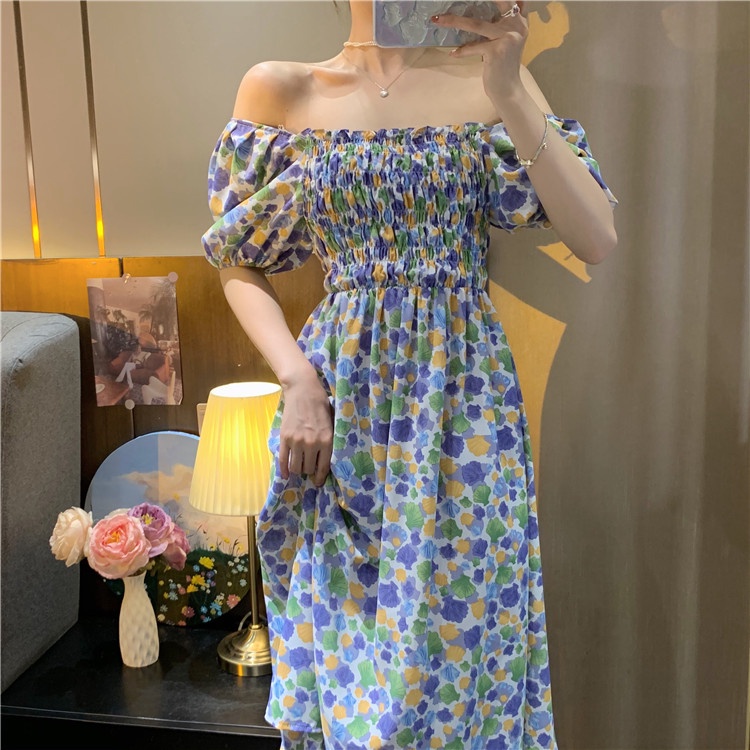 2022 New Fashion Korean Style Chiffon Floral Print Casual Midi Dress Pink Blue Summer Short Sleeve Sexy Off Shoulder Women Beach Bali Dresses 2023t