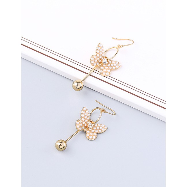 LRC Anting Gantung Fashion Gold Crystal Diamond Butterfly Pearl Earrings F94051