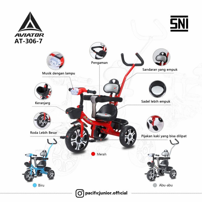 Sepeda Roda Tiga Anak Tricycle AVIATOR AT - 306 -7 Musik Tongkat