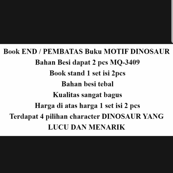 

Hari Ini Stand Book/ Book End/ Pembatas Buku Motif Little Dinosaurus Besi 2Pcs Sale!!!