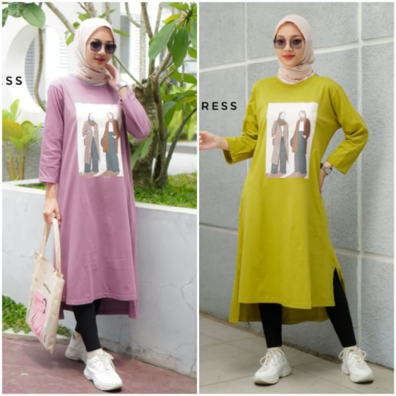 BISA COD AZKIYAHIJAB29 CHIKA DRESS MIDI DRESS KAOS COMBED SABLON PRINT PRINTING LONG TUNIK POLOS SAB