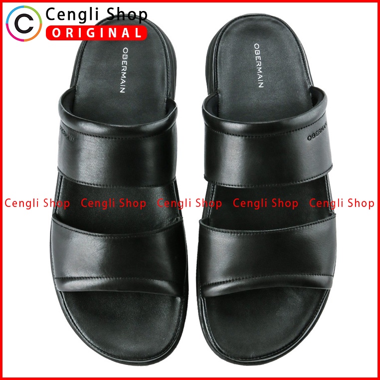 SANDAL OBERMAIN PRIA ORIGINAL CASUAL KULIT ASLI ORI TERBARU HITAM OM02