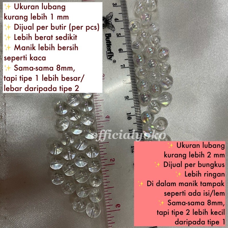 Mute/Monte/Manik Kristal Bundar Pelangi Bening TIPE 1 per butir 6mm/8mm