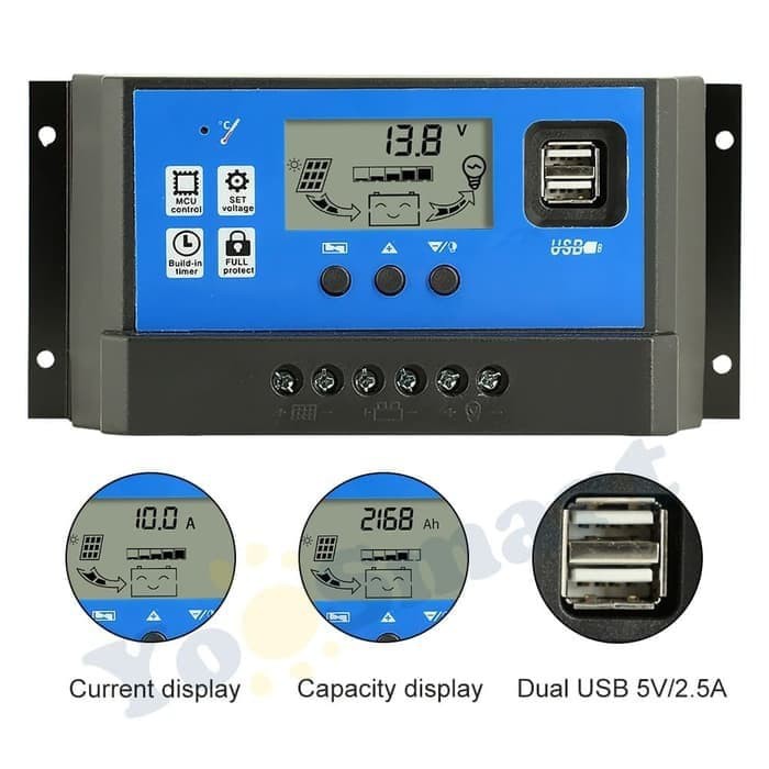 PWM Solar Charge Controller 10A 20A 30A 50A 60A 12V/24V Charger LCD Display USB Surya Matahari