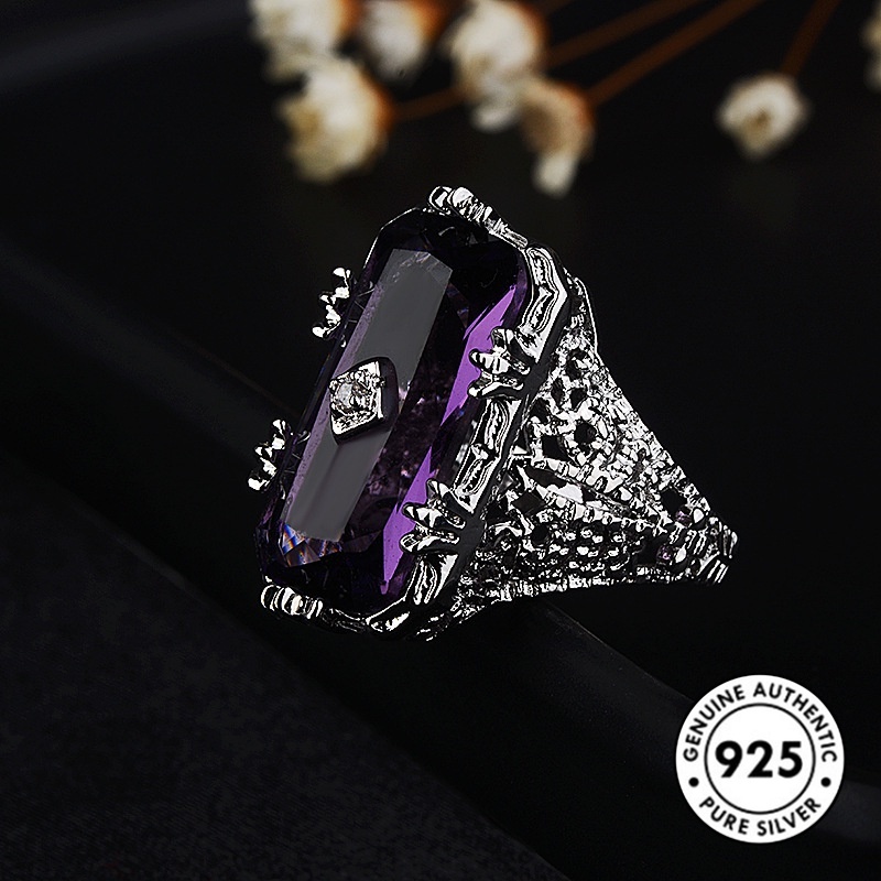 Cincin Bentuk Persegi Panjang Model Hollow Bahan S925 Silver Untuk Wanita