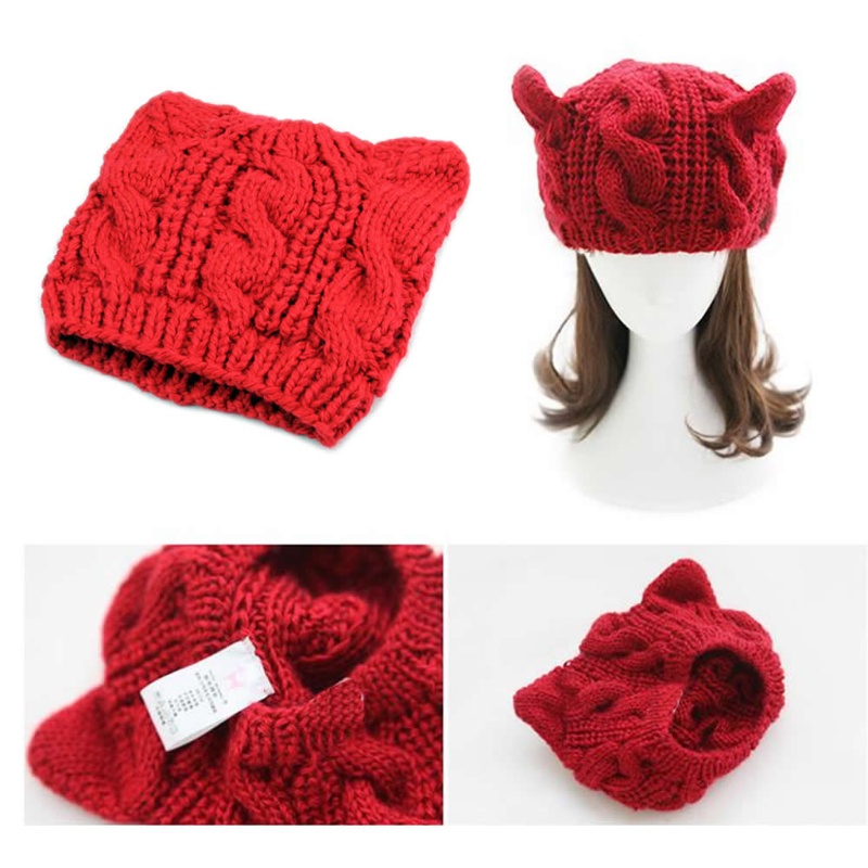 Zzz Women Devil Tanduk Untuk Telinga Winter Beanie Crochet Braided Rajut Ski Wool Ha