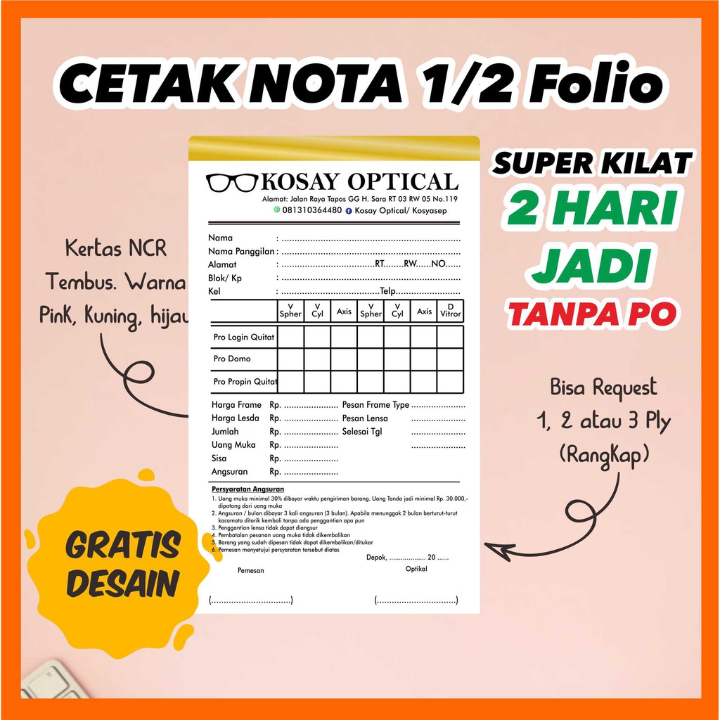 Jual Cetak Nota 1 2 Folio Bisa Custom Nota Optik Nota Toko Emas Surat