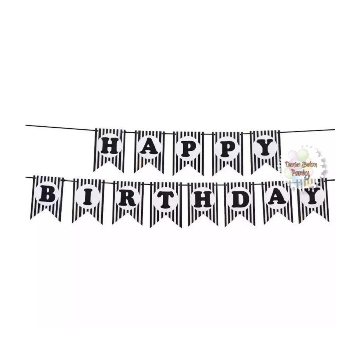 Banner Happy Birthday / Bunting Flag Ulang Tahun Motif Salur Hitam