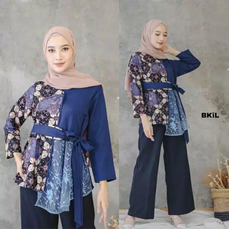 tey-17 Batik wanita ASJ SA HRB026 Kenongo Kemeja Tosca Pendek-Blus Tile Navy