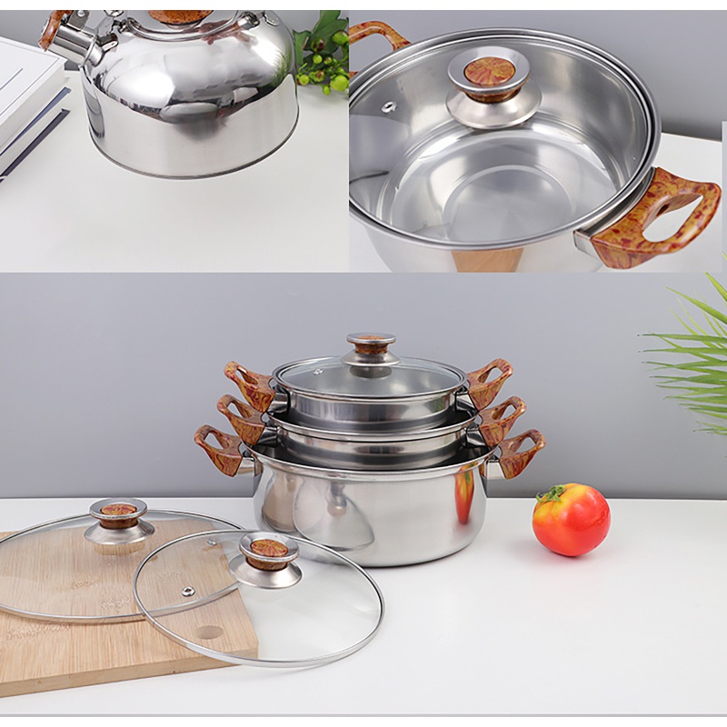 Panci Set Stainless Steel 12 Pcs Dengan Teko panci set anti lengket panci serbaguna - Homeliving