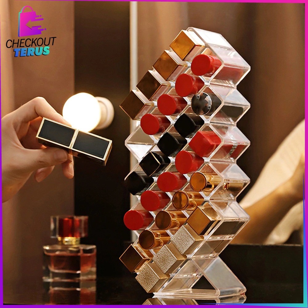 CT K7 Kotak Lipstik Acrylic 28 Slot Tempat Penyimpanan Alat Kosmetik Lipstick Organizer Rak Makeup Rak Tempat Lipstik Akrilik