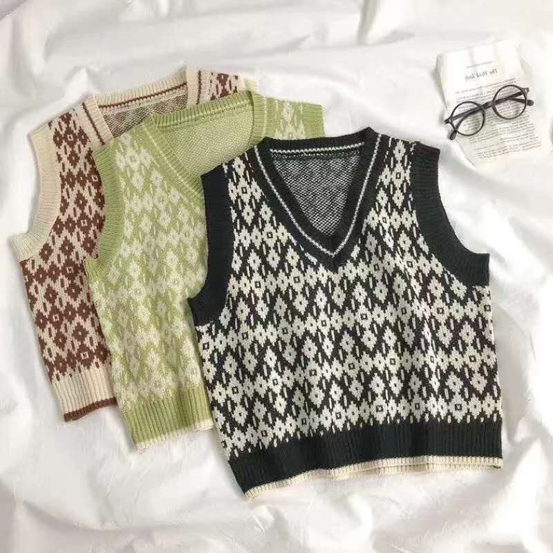 Korea Tanpa lengan longgar v-neck Rompi kisi sweater rajutan rompi