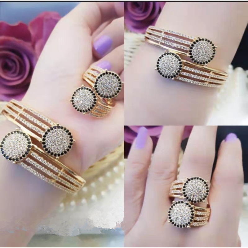 Perhiasan Set Xuping Gelang Dan Cincin mata polos/mata hitam Lapis Emas