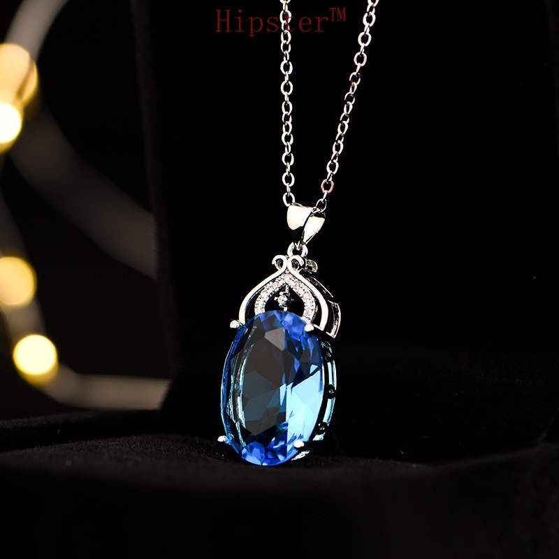 Popular Blue Crystal Pendant Full Diamond Micro-Inlaid Colored Gem Necklace