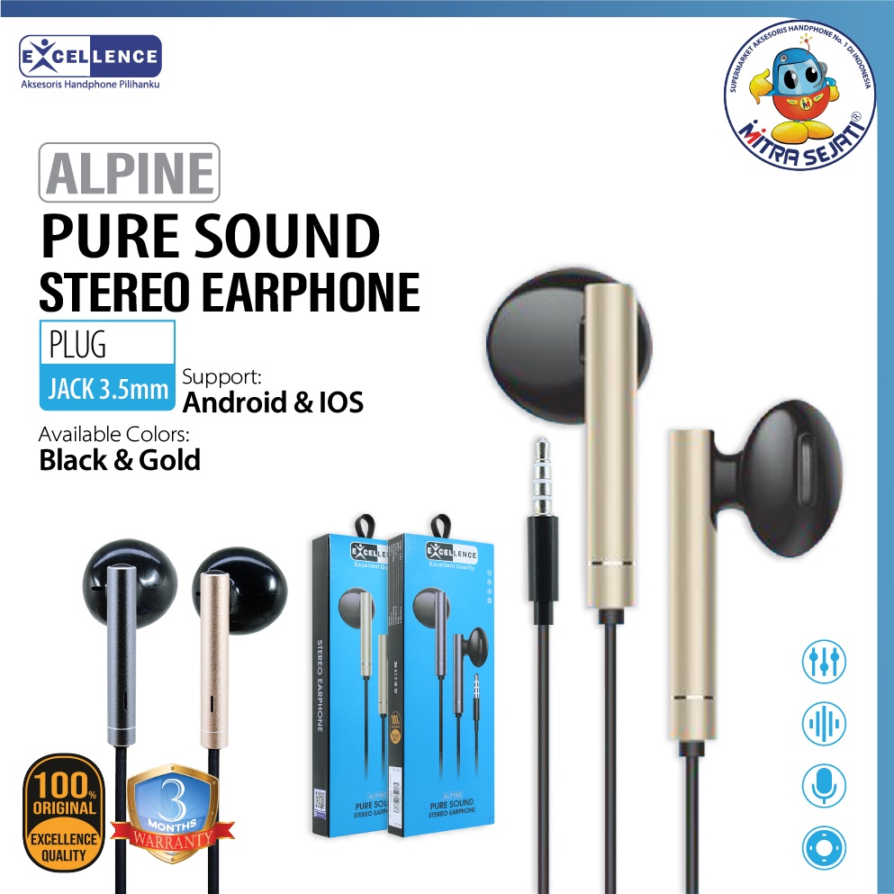 Handsfree Headset Earphone Excellence Stereo Alpine jack 3.5mm Earphone Headset Headphone