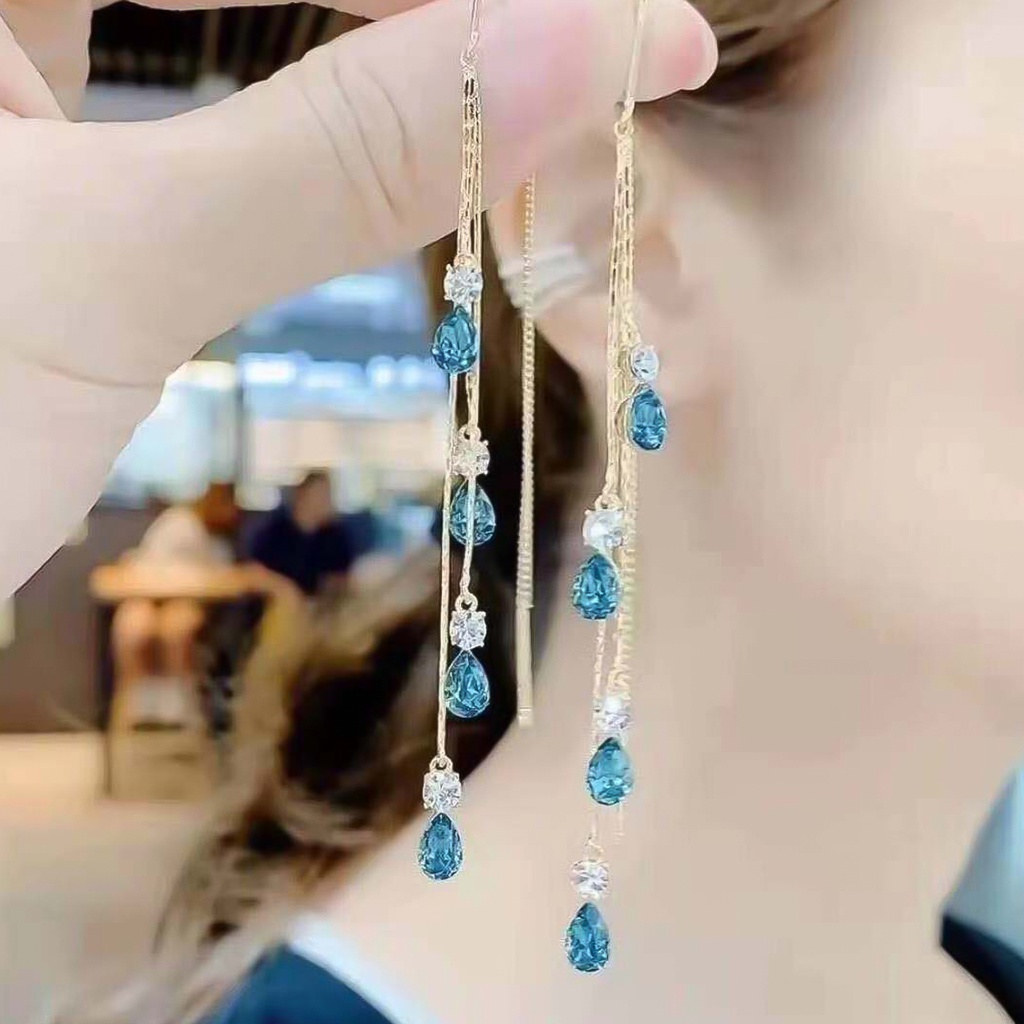 Hu Hu Hu Hu Hu Alat Bantu Pasang Kacamata♡ 1 Pasang Anting Rumbai Menjuntai Aksen Kristal Imitasi Warna Kontras Untuk Wanita