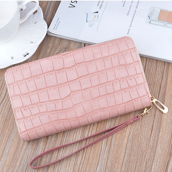 DOMPET PANJANG WANITA KOREA PREMIUM IMPORT TALI PENDEK KULIT PINK CROCO WHELMA WA541P3 SLOT KARTU UANG KOIN RESLETING FASHION CEWEK MURAH BATAM BRANDED