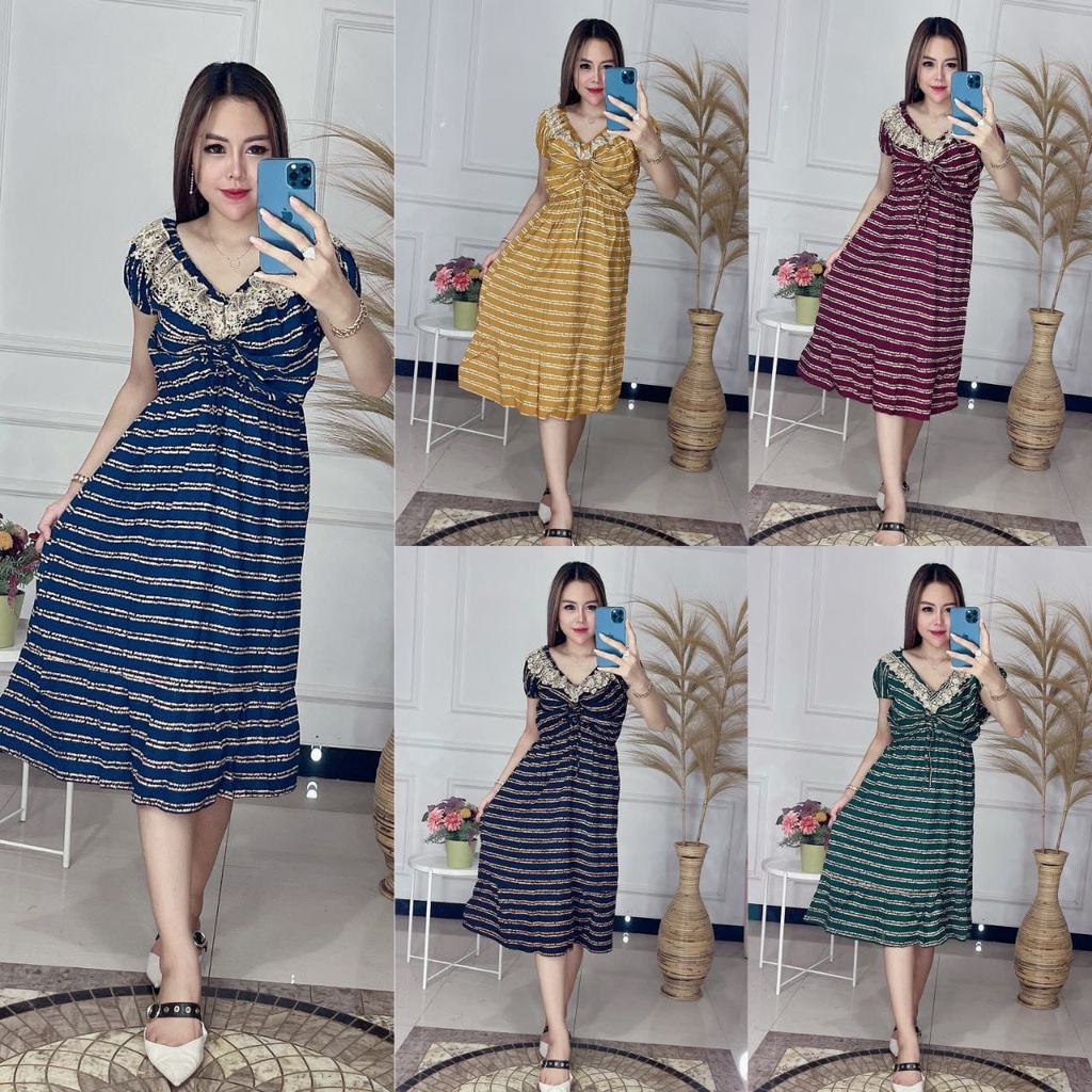 Daster Renda Model Elsa Tali Serut Depan Motif Garis Horizontal Homedress